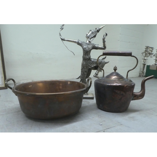 358 - A mixed lot: to include two items of vintage copper cookware; and a modern silvered figure of a Thai... 