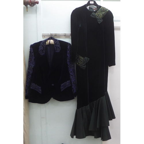 383 - A Gilly Jacques mauve crushed velvet and embroidered sleeved blazer; and a full length dark green dr... 