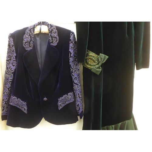 383 - A Gilly Jacques mauve crushed velvet and embroidered sleeved blazer; and a full length dark green dr... 