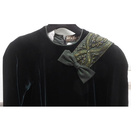 383 - A Gilly Jacques mauve crushed velvet and embroidered sleeved blazer; and a full length dark green dr... 