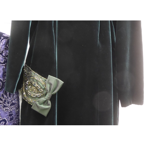 383 - A Gilly Jacques mauve crushed velvet and embroidered sleeved blazer; and a full length dark green dr... 