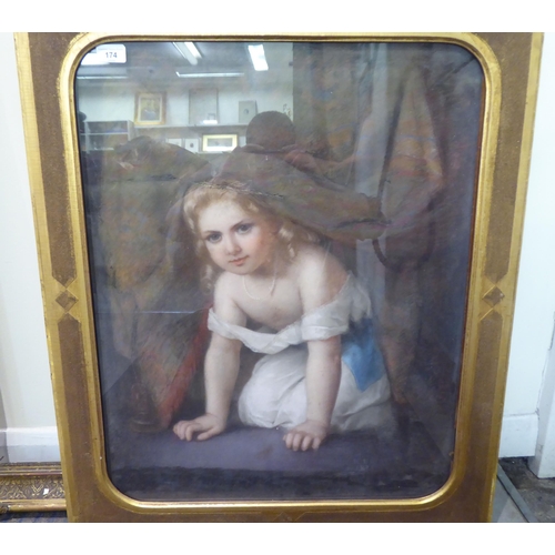 174 - 19thC British School - a little girl hiding under a tablecloth  pastel  22