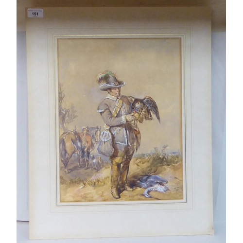 151 - Late 19thC Continental School - a Falconer with his assistant in a country side setting  watercolour... 