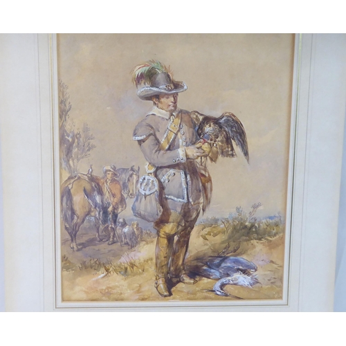 151 - Late 19thC Continental School - a Falconer with his assistant in a country side setting  watercolour... 