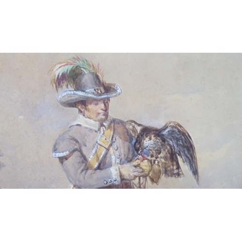 151 - Late 19thC Continental School - a Falconer with his assistant in a country side setting  watercolour... 
