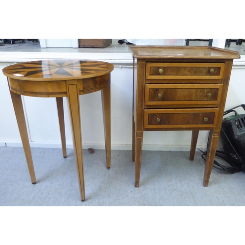 177 - Small furniture: to include a modern fruitwood and marquetry occasional table, raised on square, tap... 