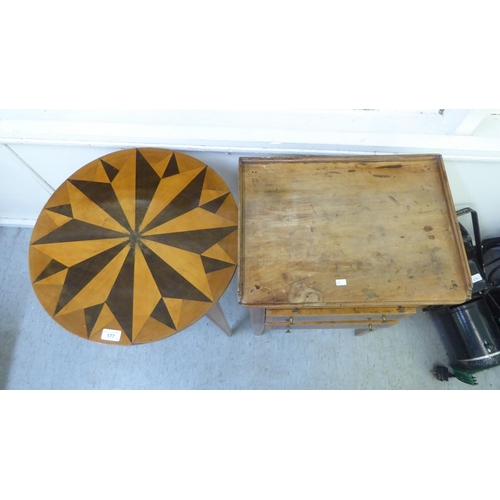 177 - Small furniture: to include a modern fruitwood and marquetry occasional table, raised on square, tap... 
