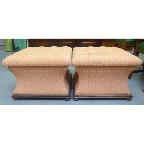 178 - A pair of Regency inspired, waisted square box ottomans, part button upholstered with patterned peac... 