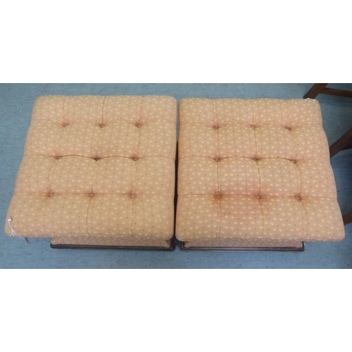 178 - A pair of Regency inspired, waisted square box ottomans, part button upholstered with patterned peac... 