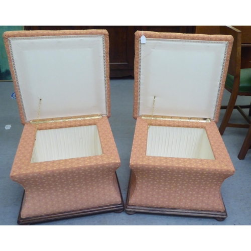 178 - A pair of Regency inspired, waisted square box ottomans, part button upholstered with patterned peac... 