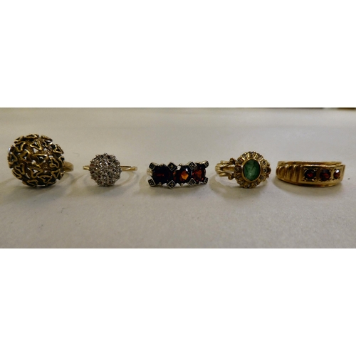 107 - Five 9ct gold rings, variously set with coloured stones