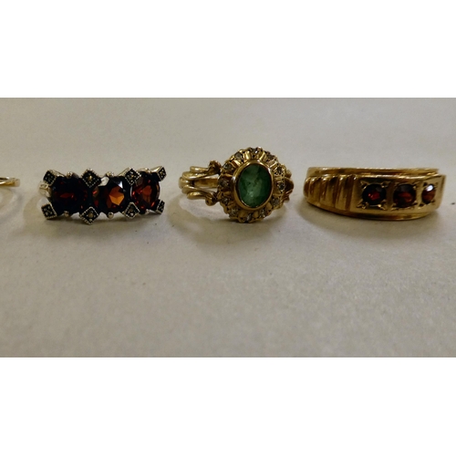 107 - Five 9ct gold rings, variously set with coloured stones