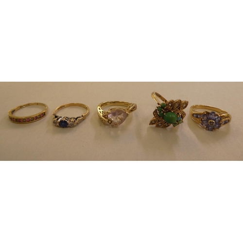 112 - Five 9ct gold rings, variously set with coloured stones