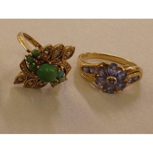 112 - Five 9ct gold rings, variously set with coloured stones