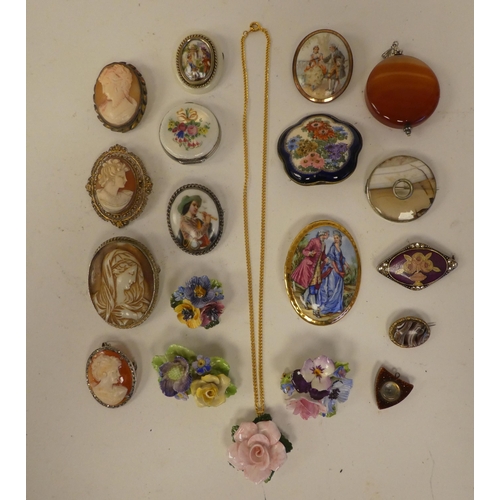 114 - Brooches, mainly porcelain and enamelled: to include cameos