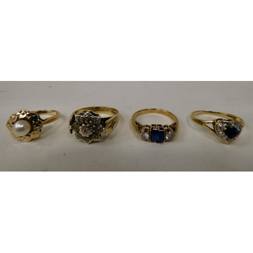 128 - Four variously designed, 9ct gold rings: to include one set with a single pearl