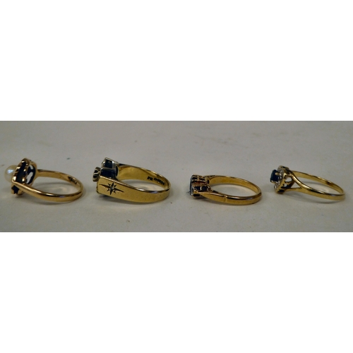 128 - Four variously designed, 9ct gold rings: to include one set with a single pearl