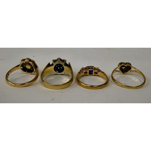 128 - Four variously designed, 9ct gold rings: to include one set with a single pearl