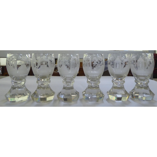 154 - A set of six clear glass tumblers engraved with Masonic motifs and emblems  6