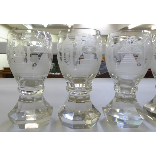 154 - A set of six clear glass tumblers engraved with Masonic motifs and emblems  6