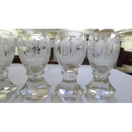 154 - A set of six clear glass tumblers engraved with Masonic motifs and emblems  6