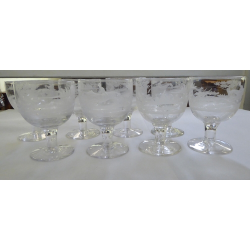 155 - A set of eight pedestal wine glasses, engraved with hunting scenes  5