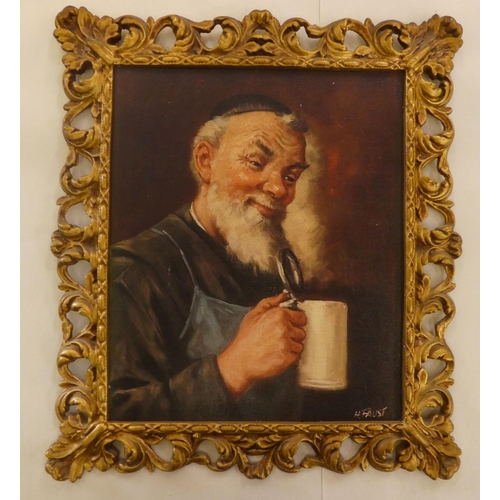 157 - H Faust - a study of a man holding a beer stein  oil on board  bears a signature  11.... 