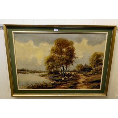 160 - V Reed - sheep at the waters edge  oil on canvas  bears a signature  23