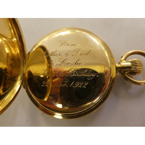 162 - An early 20thC 18ct gold cased half hunter pocket watch, the movement faced by an enamelled Roman di... 