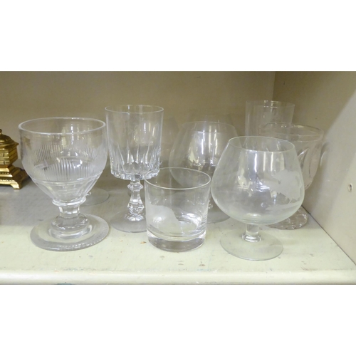 168 - Glassware: to include a set of five brandy balloons, engraved with wild fowl 