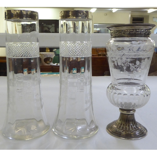 172 - Glassware: to include a French vase with engraved floral decoration and silver mounts  7.5