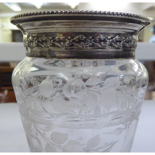 172 - Glassware: to include a French vase with engraved floral decoration and silver mounts  7.5