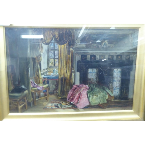 174 - Late 19thC interior study - an open fireplace  oil on board  7