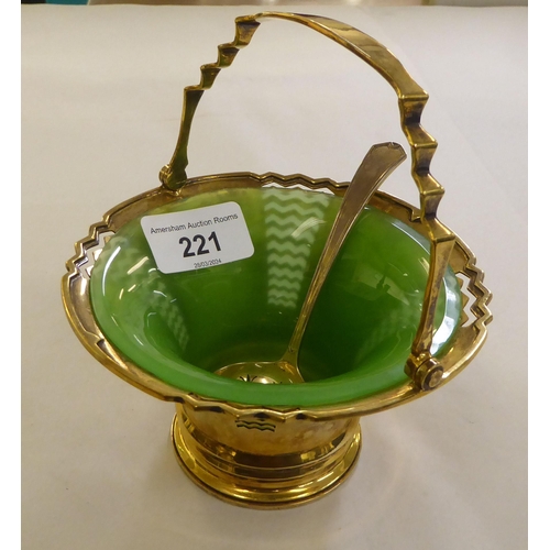 221 - A Mappin & Webb silver sugar basket with a green glass liner and matching spoon&nbsp; Sheffield ... 
