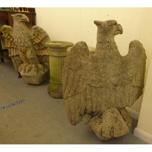 241 - A pair of late 1950s composition stone grotesque birds on separate stone columns  69