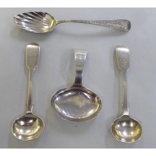 259 - Silver spoons: to include a Georgian caddy spoon  indistinct marks 