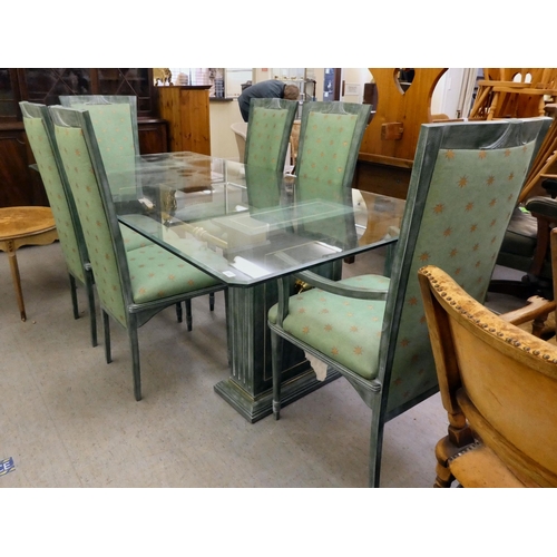 267 - A modern green painted, twin pedestal dining table with a glass top  30