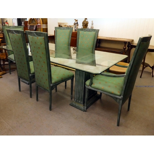 267 - A modern green painted, twin pedestal dining table with a glass top  30