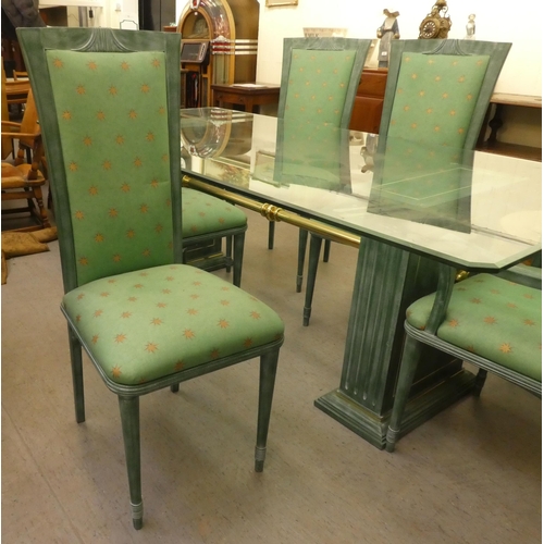 267 - A modern green painted, twin pedestal dining table with a glass top  30