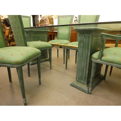 267 - A modern green painted, twin pedestal dining table with a glass top  30