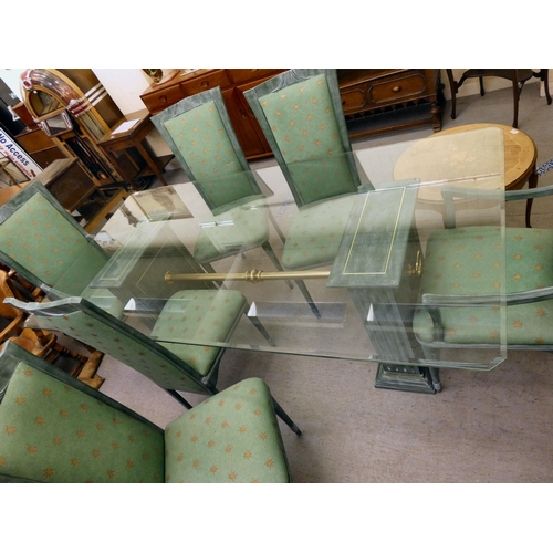 267 - A modern green painted, twin pedestal dining table with a glass top  30