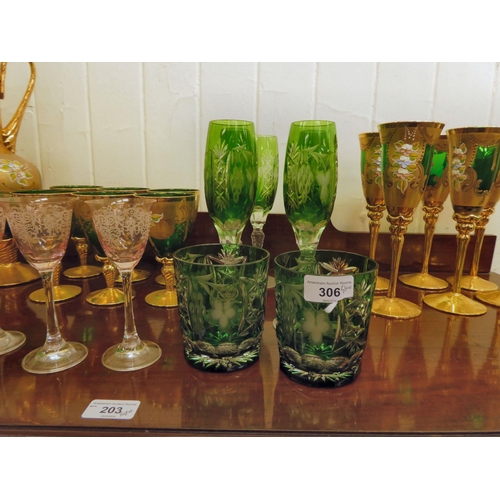 306 - Glassware: to include Venetian and Bohemian green, clear overpainted and other pedestal wines and tu... 