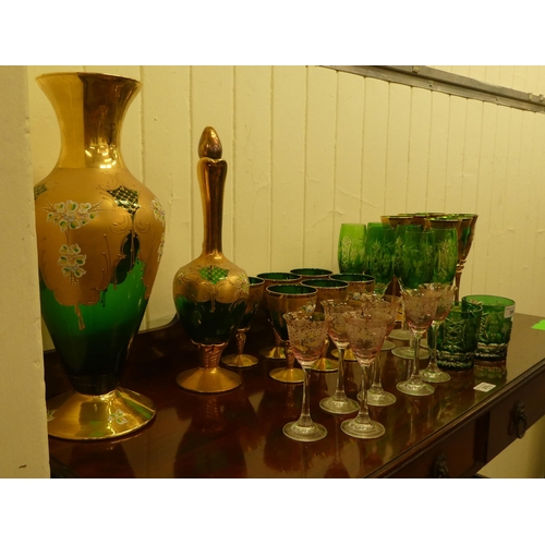 306 - Glassware: to include Venetian and Bohemian green, clear overpainted and other pedestal wines and tu... 