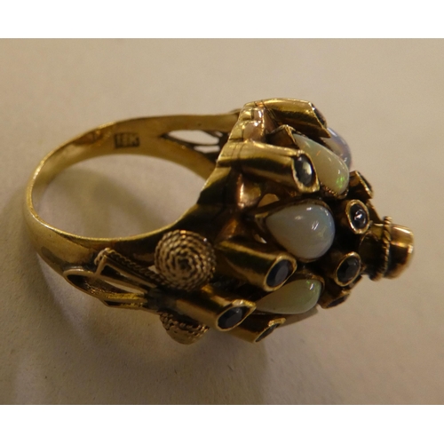 87 - An 18ct gold dress ring, set with opals and other stones; and an 18ct gold, oval cameo portrait ring