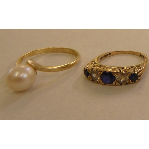 97 - Five 9ct gold rings, variously set with coloured stones