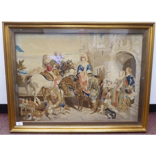 101 - A 20thC tapestry picture, depicting a period courtyard scene  20