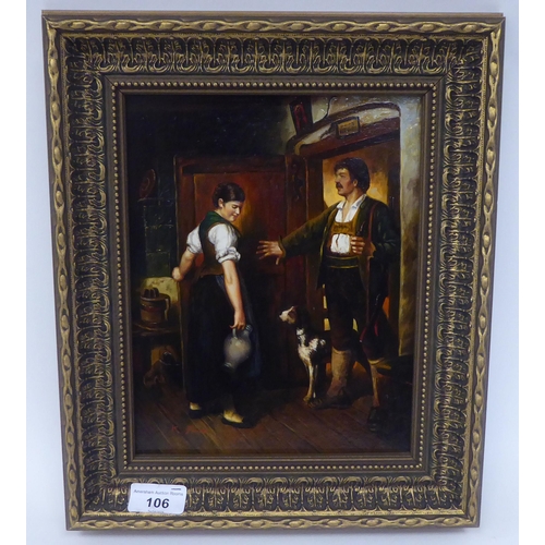 106 - K Fiake - a Bavarian interior scene with two figures and a dog  oil on board  bears a sign... 