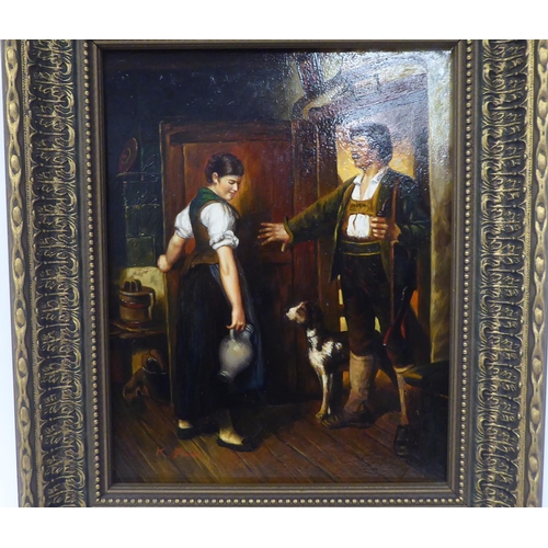 106 - K Fiake - a Bavarian interior scene with two figures and a dog  oil on board  bears a sign... 