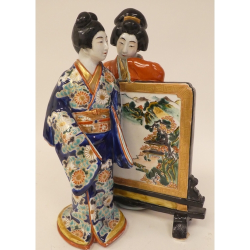 113 - Modern Oriental ceramics: to include figures wearing traditional robes  largest 19