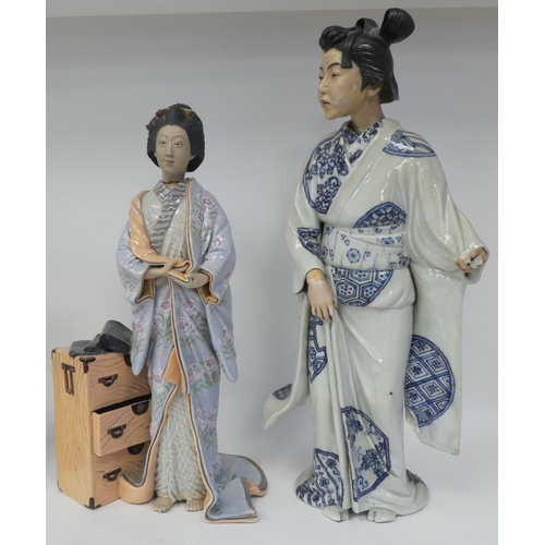 113 - Modern Oriental ceramics: to include figures wearing traditional robes  largest 19